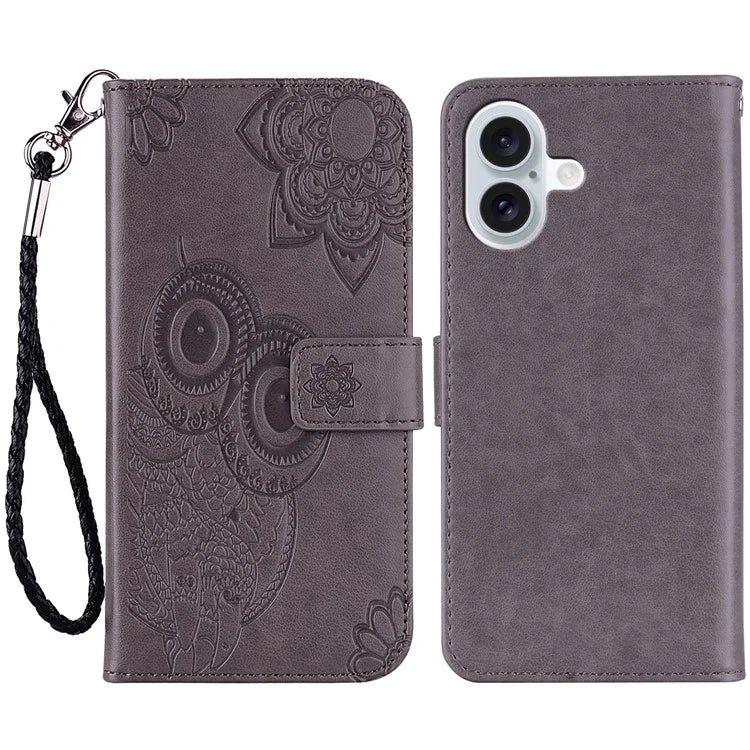 For iPhone 16 Case Owl Flower Imprinted Leather Cover Wallet with Strap
