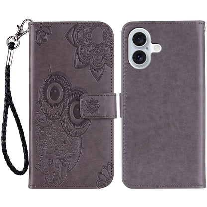 For iPhone 16 Case Owl Flower Imprinted Leather Cover Wallet with Strap