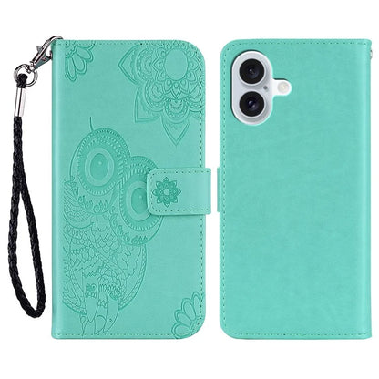 For iPhone 16 Case Owl Flower Imprinted Leather Cover Wallet with Strap