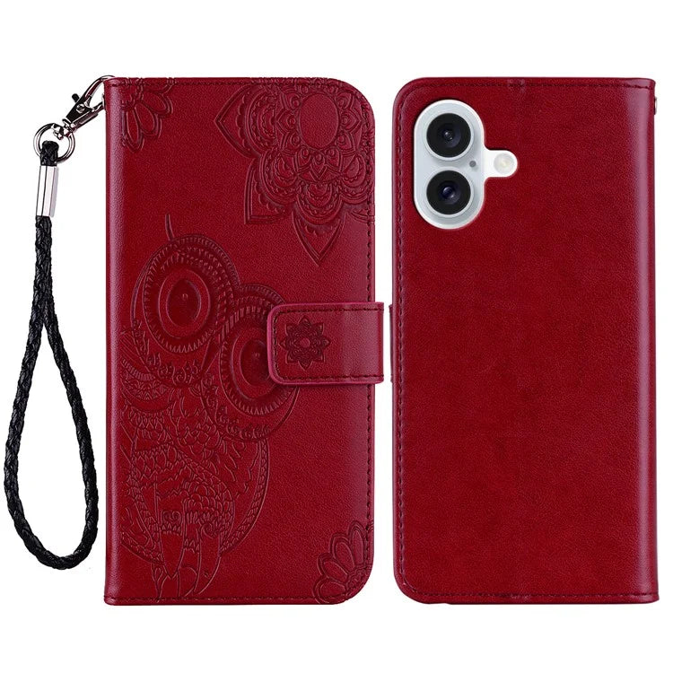 For iPhone 16 Case Owl Flower Imprinted Leather Cover Wallet with Strap