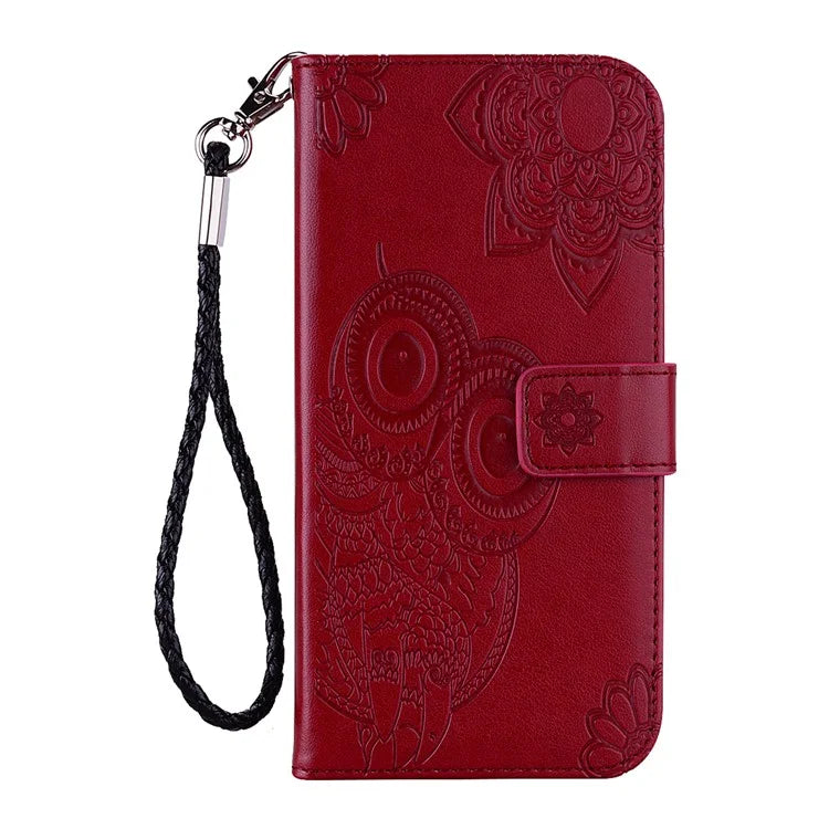For iPhone 16 Case Owl Flower Imprinted Leather Cover Wallet with Strap