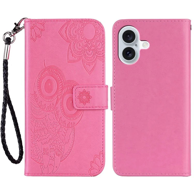 For iPhone 16 Case Owl Flower Imprinted Leather Cover Wallet with Strap