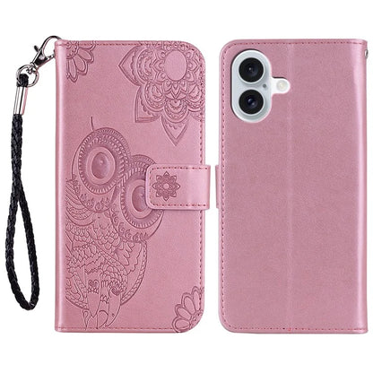 For iPhone 16 Case Owl Flower Imprinted Leather Cover Wallet with Strap