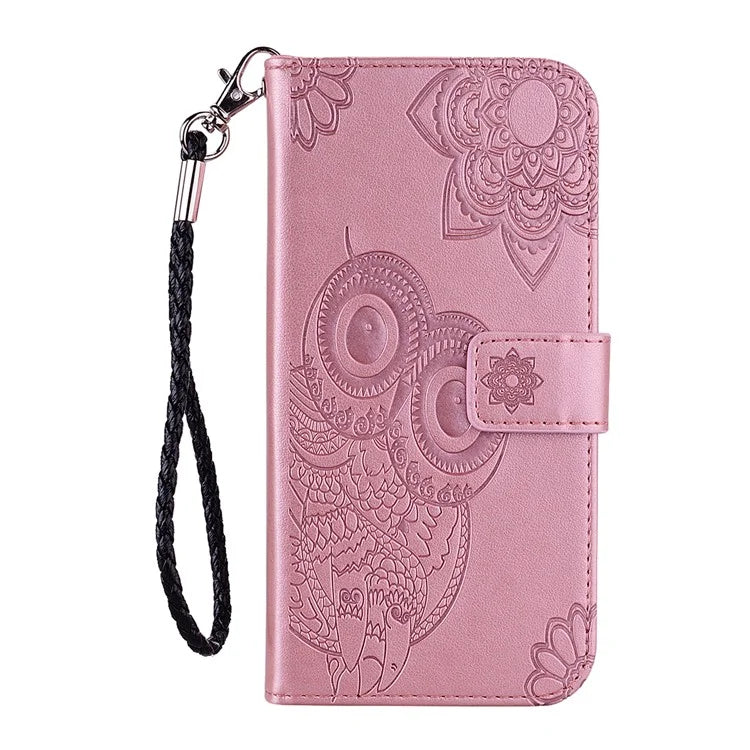For iPhone 16 Case Owl Flower Imprinted Leather Cover Wallet with Strap