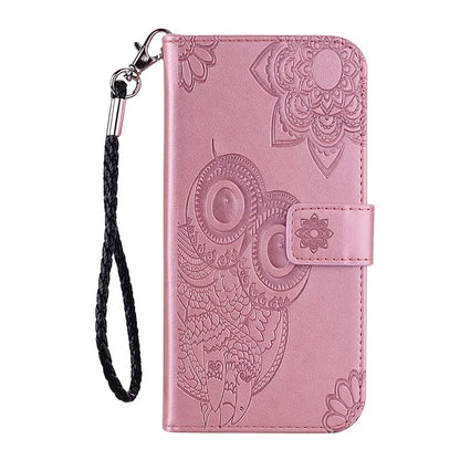 For iPhone 16 Case Owl Flower Imprinted Leather Cover Wallet with Strap