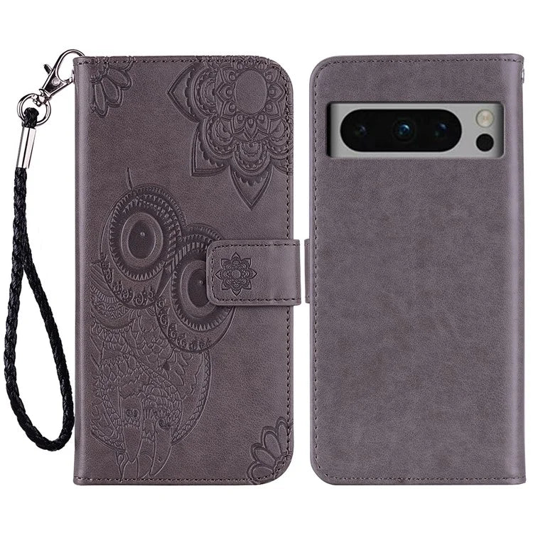 For Google Pixel 9 Pro XL Case Owl Flower Imprinted Leather Cover Wallet with Strap