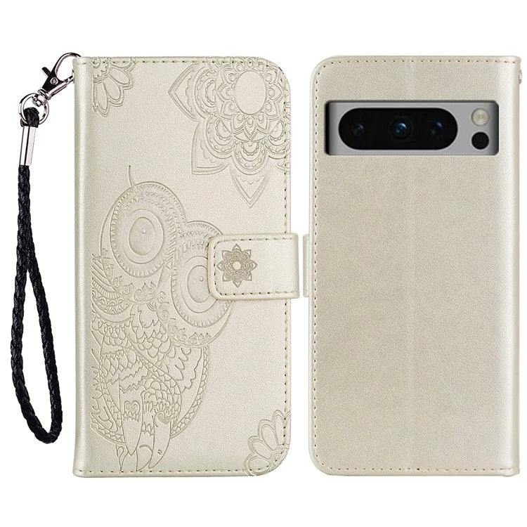 For Google Pixel 9 Pro XL Case Owl Flower Imprinted Leather Cover Wallet with Strap
