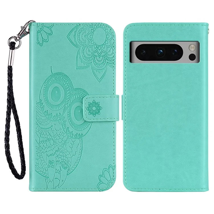 For Google Pixel 9 Pro XL Case Owl Flower Imprinted Leather Cover Wallet with Strap