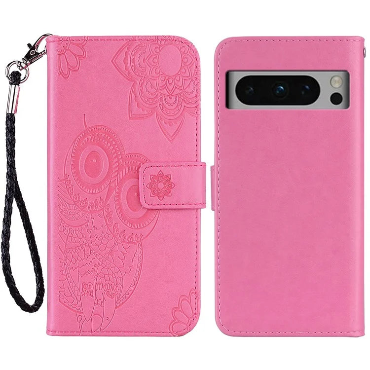 For Google Pixel 9 Pro XL Case Owl Flower Imprinted Leather Cover Wallet with Strap