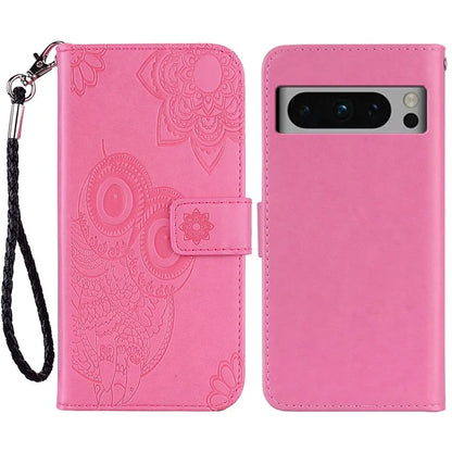 For Google Pixel 9 Pro XL Case Owl Flower Imprinted Leather Cover Wallet with Strap