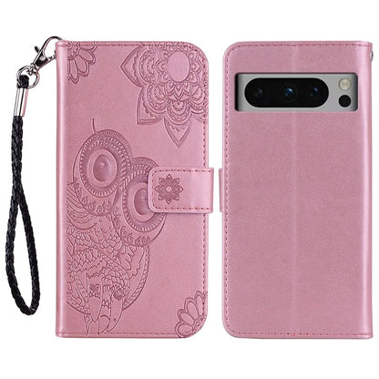For Google Pixel 9 Pro XL Case Owl Flower Imprinted Leather Cover Wallet with Strap