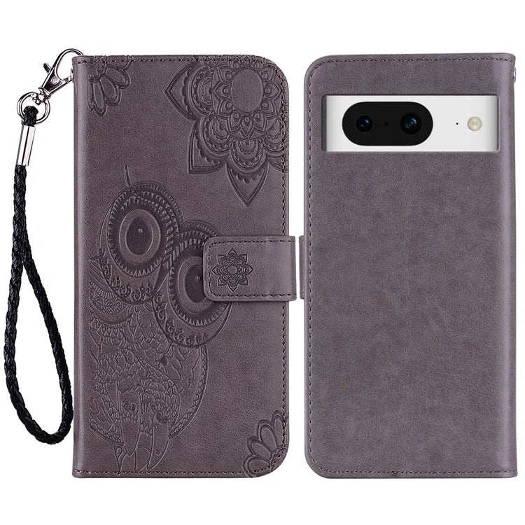 For Google Pixel 9 Pro  /  Pixel 9 Case Owl Flower Imprinted Leather Cover Wallet with Strap