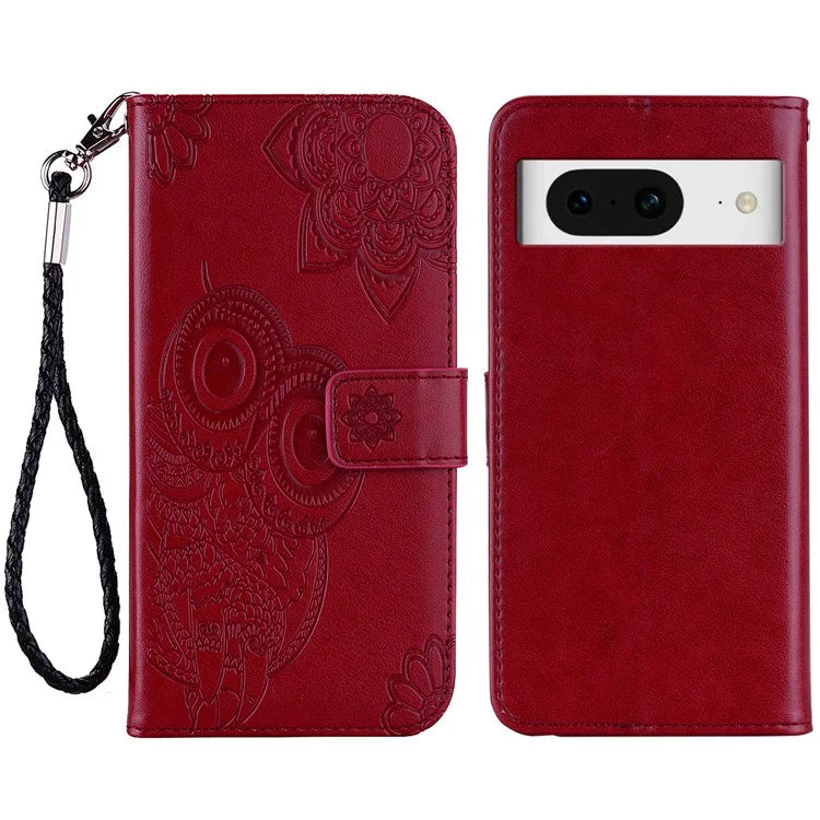 For Google Pixel 9 Pro  /  Pixel 9 Case Owl Flower Imprinted Leather Cover Wallet with Strap