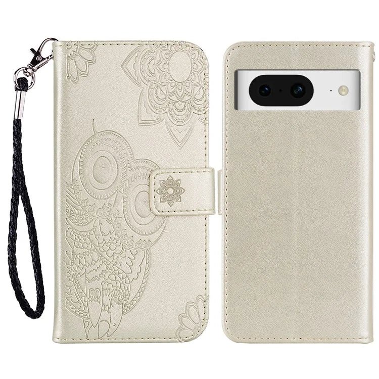 For Google Pixel 9 Pro  /  Pixel 9 Case Owl Flower Imprinted Leather Cover Wallet with Strap