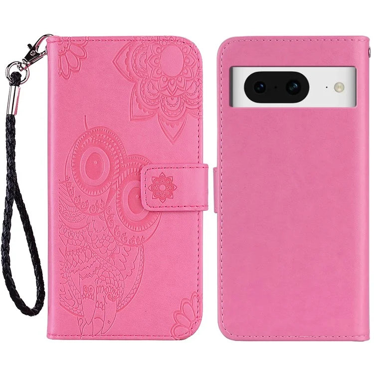 For Google Pixel 9 Pro  /  Pixel 9 Case Owl Flower Imprinted Leather Cover Wallet with Strap