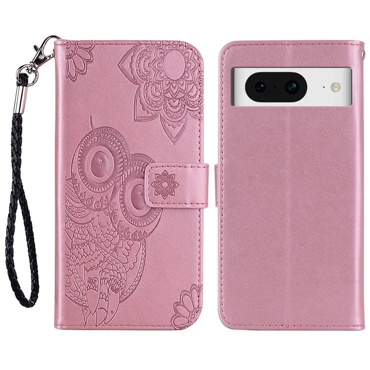 For Google Pixel 9 Pro  /  Pixel 9 Case Owl Flower Imprinted Leather Cover Wallet with Strap