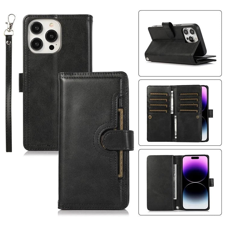 For iPhone 16 Pro Case Split Leather Magnetic Wallet Phone Protector with Wrist Strap