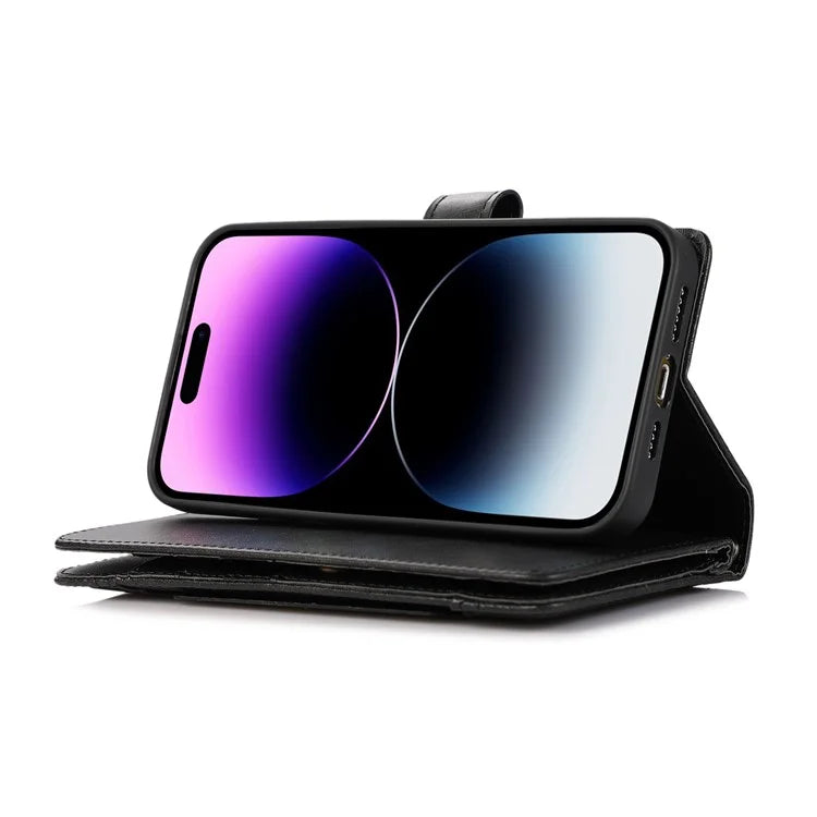 For iPhone 16 Pro Case Split Leather Magnetic Wallet Phone Protector with Wrist Strap