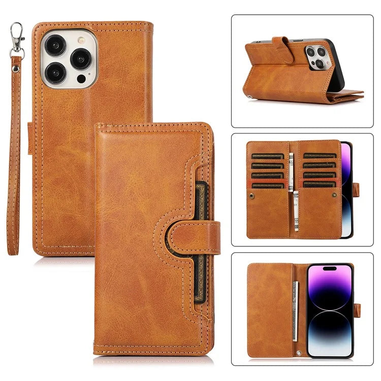 For iPhone 16 Pro Case Split Leather Magnetic Wallet Phone Protector with Wrist Strap