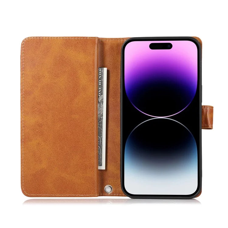 For iPhone 16 Pro Case Split Leather Magnetic Wallet Phone Protector with Wrist Strap