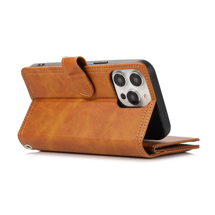 For iPhone 16 Pro Case Split Leather Magnetic Wallet Phone Protector with Wrist Strap