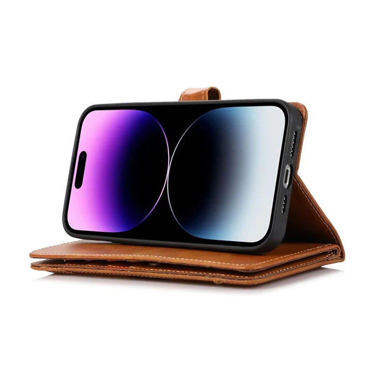 For iPhone 16 Pro Case Split Leather Magnetic Wallet Phone Protector with Wrist Strap