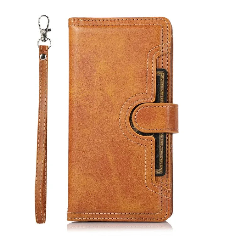 For iPhone 16 Pro Case Split Leather Magnetic Wallet Phone Protector with Wrist Strap