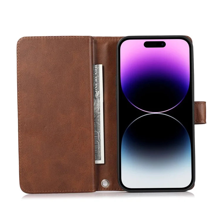 For iPhone 16 Pro Case Split Leather Magnetic Wallet Phone Protector with Wrist Strap