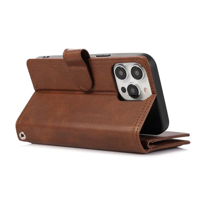 For iPhone 16 Pro Case Split Leather Magnetic Wallet Phone Protector with Wrist Strap