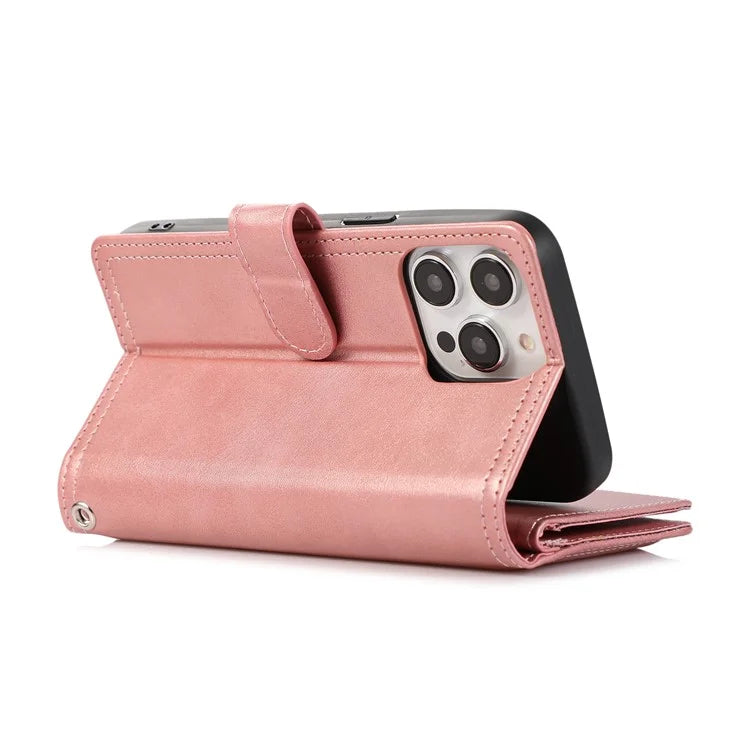 For iPhone 16 Pro Case Split Leather Magnetic Wallet Phone Protector with Wrist Strap