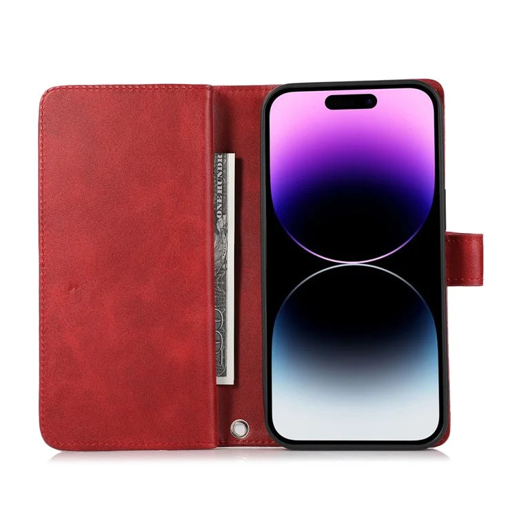 For iPhone 16 Pro Case Split Leather Magnetic Wallet Phone Protector with Wrist Strap