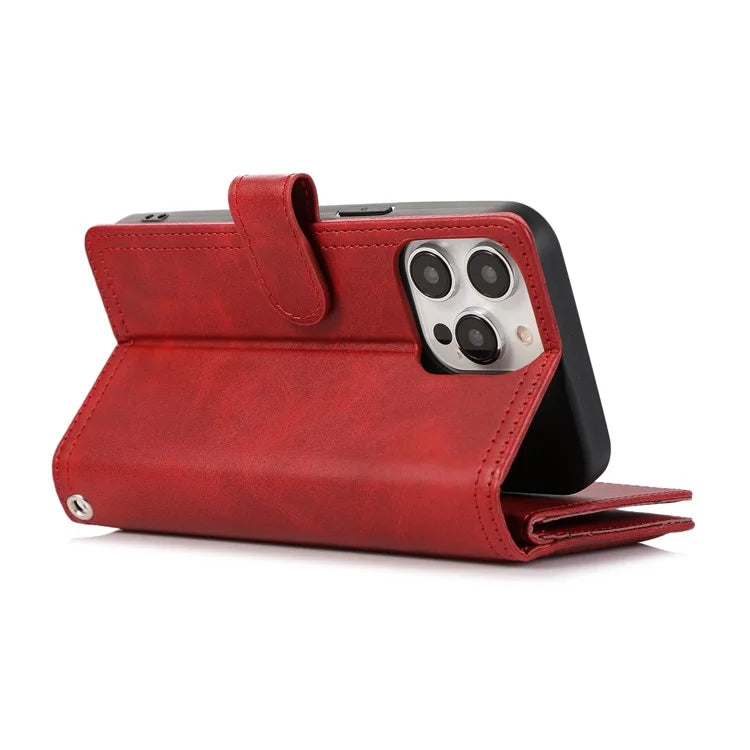 For iPhone 16 Pro Case Split Leather Magnetic Wallet Phone Protector with Wrist Strap