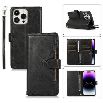 For iPhone 16 Pro Max Case Split Leather Magnetic Wallet Phone Protector with Wrist Strap