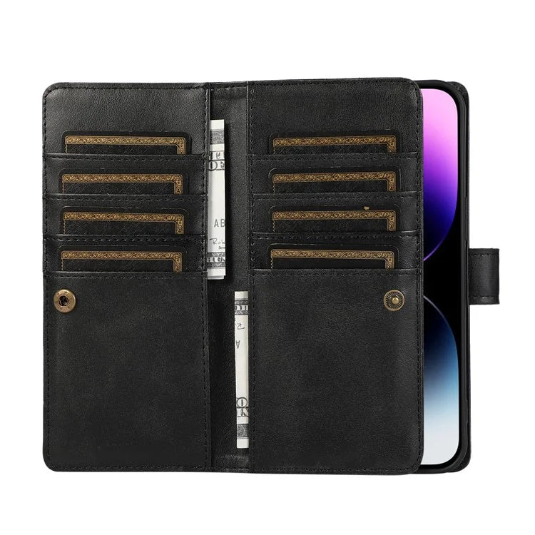 For iPhone 16 Pro Max Case Split Leather Magnetic Wallet Phone Protector with Wrist Strap