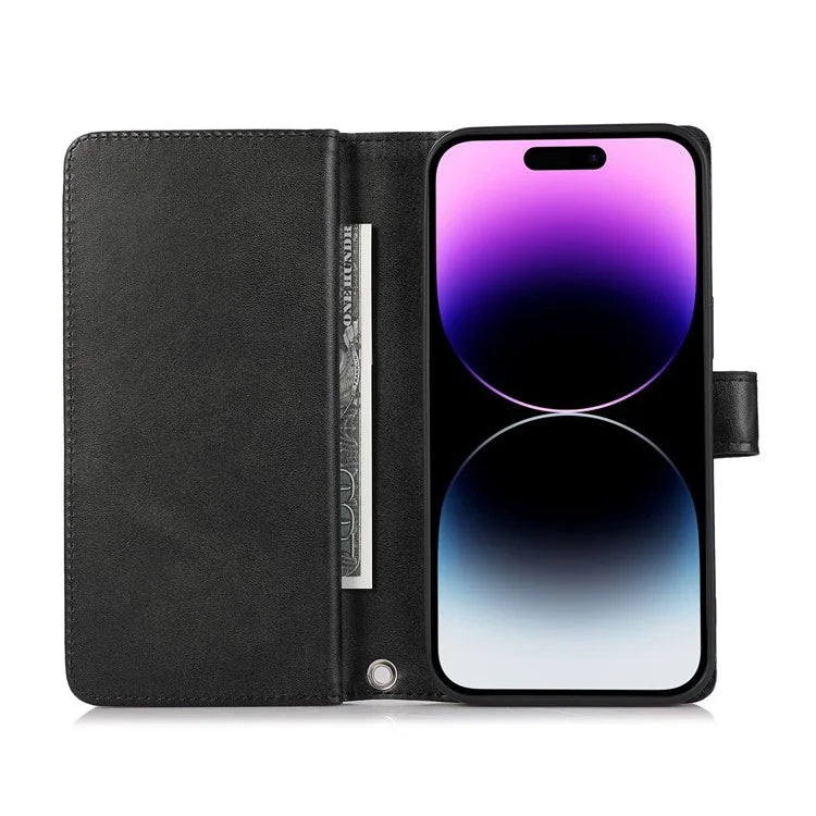 For iPhone 16 Pro Max Case Split Leather Magnetic Wallet Phone Protector with Wrist Strap