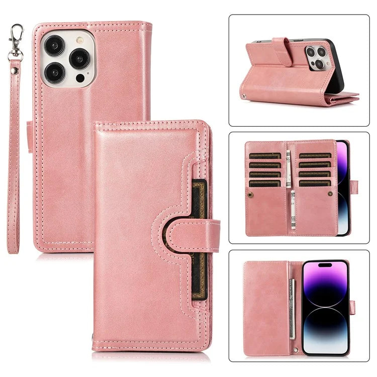 For iPhone 16 Pro Max Case Split Leather Magnetic Wallet Phone Protector with Wrist Strap