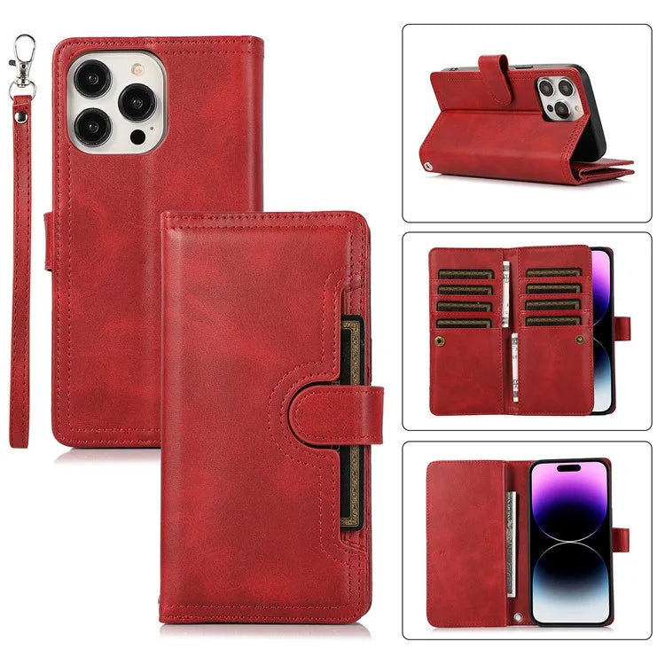 For iPhone 16 Pro Max Case Split Leather Magnetic Wallet Phone Protector with Wrist Strap