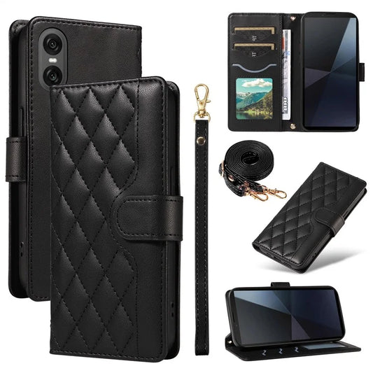 For Sony Xperia 10 VI Case Wallet Rhombus Leather Phone Cover with Shoulder Strap, Wrist Strap