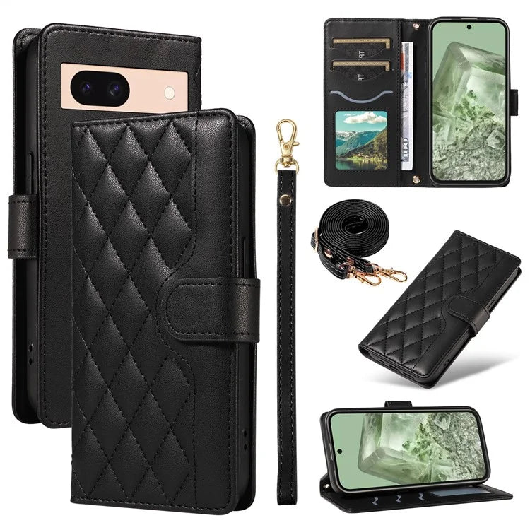 For Google Pixel 8a Case Wallet Rhombus Leather Phone Cover with Shoulder Strap, Wrist Strap