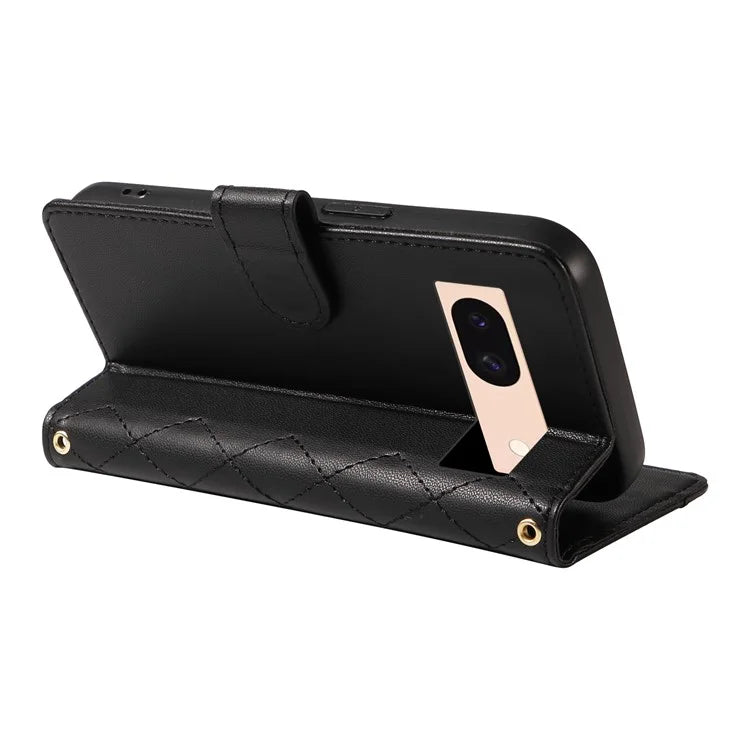 For Google Pixel 8a Case Wallet Rhombus Leather Phone Cover with Shoulder Strap, Wrist Strap