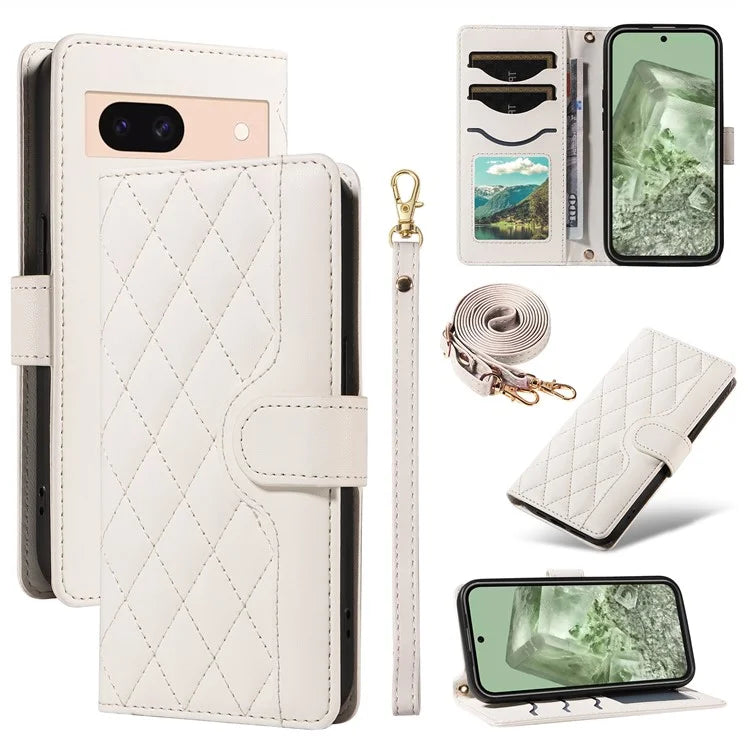 For Google Pixel 8a Case Wallet Rhombus Leather Phone Cover with Shoulder Strap, Wrist Strap