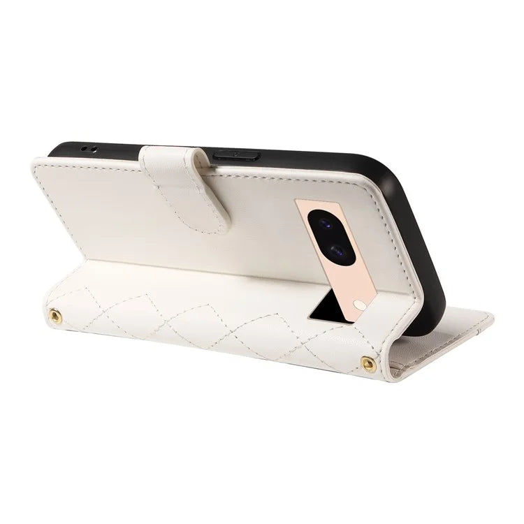 For Google Pixel 8a Case Wallet Rhombus Leather Phone Cover with Shoulder Strap, Wrist Strap