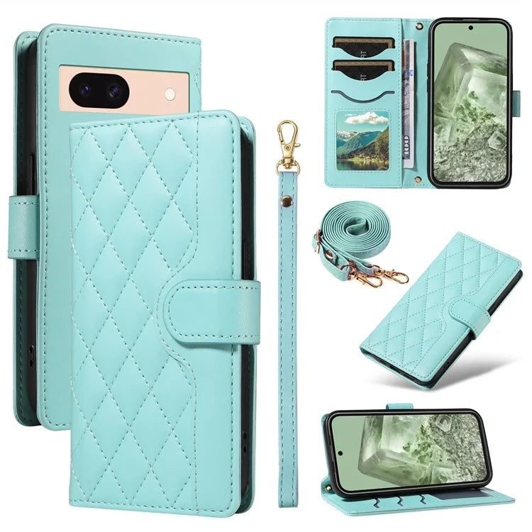 For Google Pixel 8a Case Wallet Rhombus Leather Phone Cover with Shoulder Strap, Wrist Strap