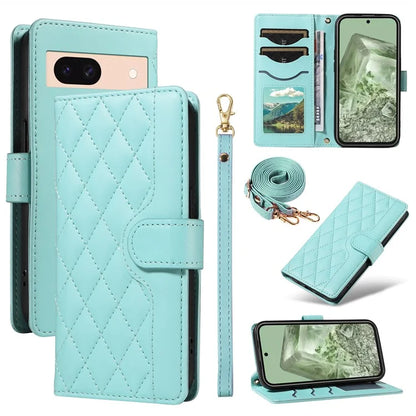 For Google Pixel 8a Case Wallet Rhombus Leather Phone Cover with Shoulder Strap, Wrist Strap
