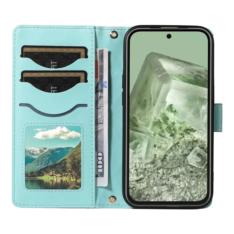 For Google Pixel 8a Case Wallet Rhombus Leather Phone Cover with Shoulder Strap, Wrist Strap