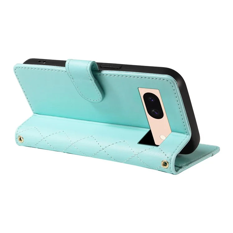 For Google Pixel 8a Case Wallet Rhombus Leather Phone Cover with Shoulder Strap, Wrist Strap