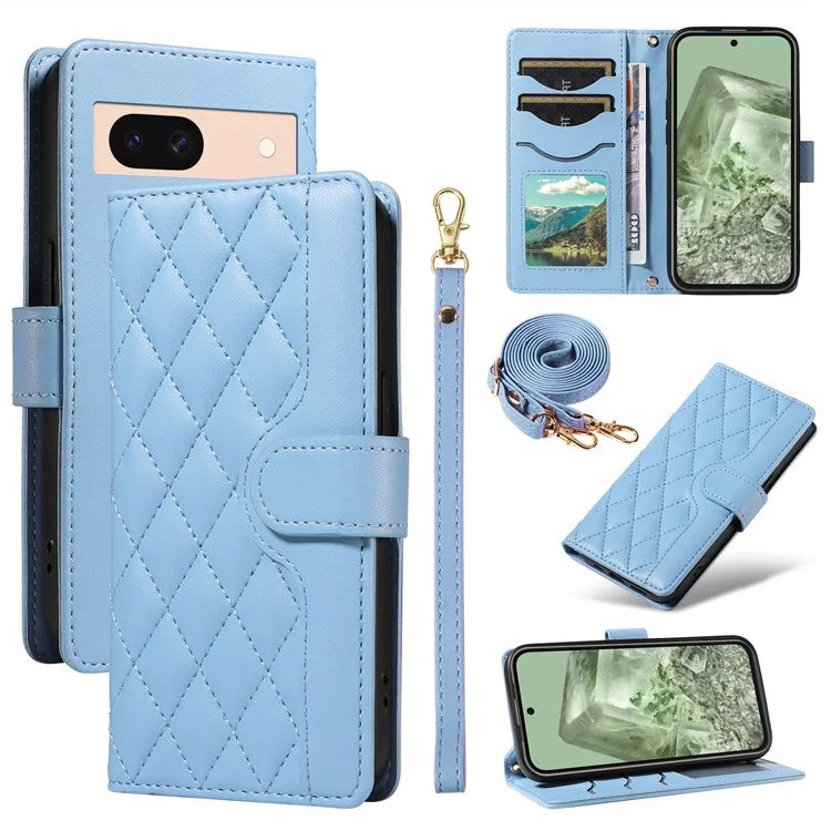 For Google Pixel 8a Case Wallet Rhombus Leather Phone Cover with Shoulder Strap, Wrist Strap