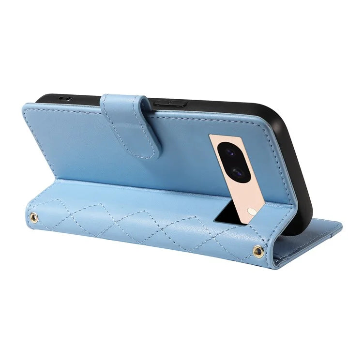 For Google Pixel 8a Case Wallet Rhombus Leather Phone Cover with Shoulder Strap, Wrist Strap
