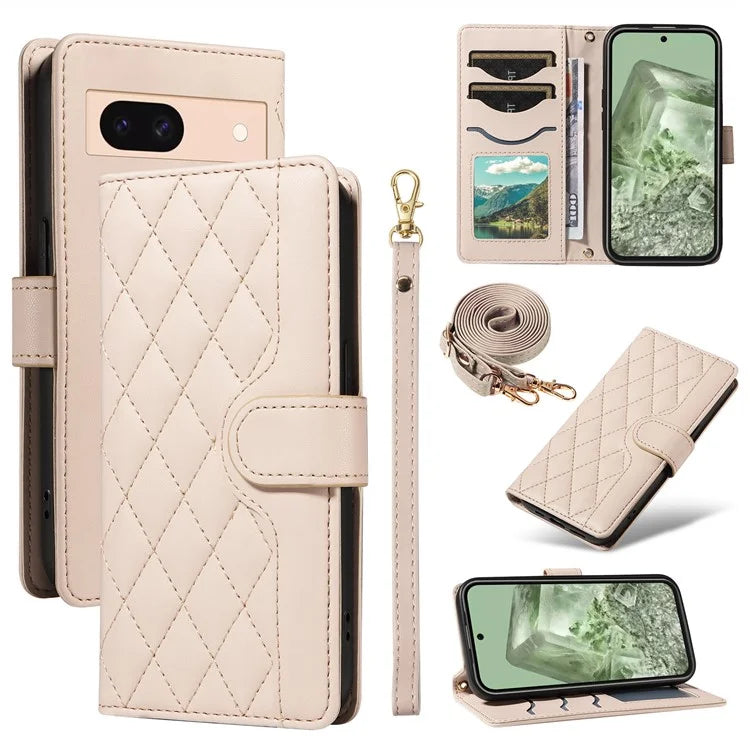 For Google Pixel 8a Case Wallet Rhombus Leather Phone Cover with Shoulder Strap, Wrist Strap