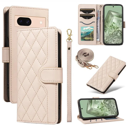 For Google Pixel 8a Case Wallet Rhombus Leather Phone Cover with Shoulder Strap, Wrist Strap